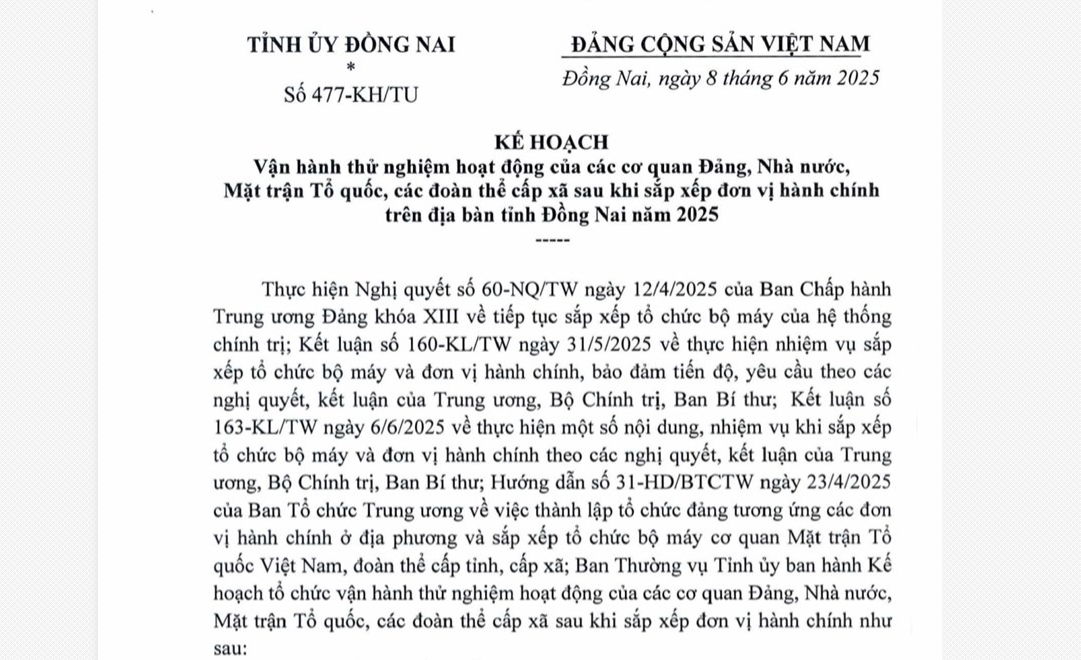 Vận hành thử nghiệm hoạt động của các cơ quan Đảng, Nhà nước, Mặt trận Tổ quốc, các đoàn thể cấp xã sau khi sắp xếp đơn vị hành chính trên địa bàn tỉnh Đồng Nai